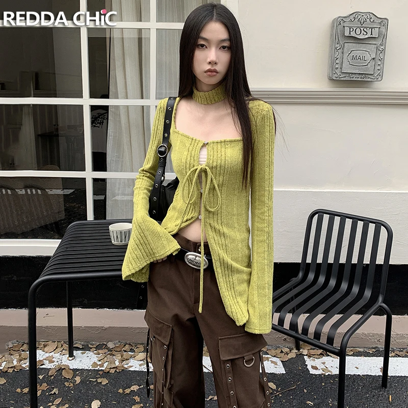 REDDACHiC Women Open Front Sweater with Choker Green Bandage Square Neck Slit Flare Long Sleeves Cardigan Top Retro Y2k Knitwear