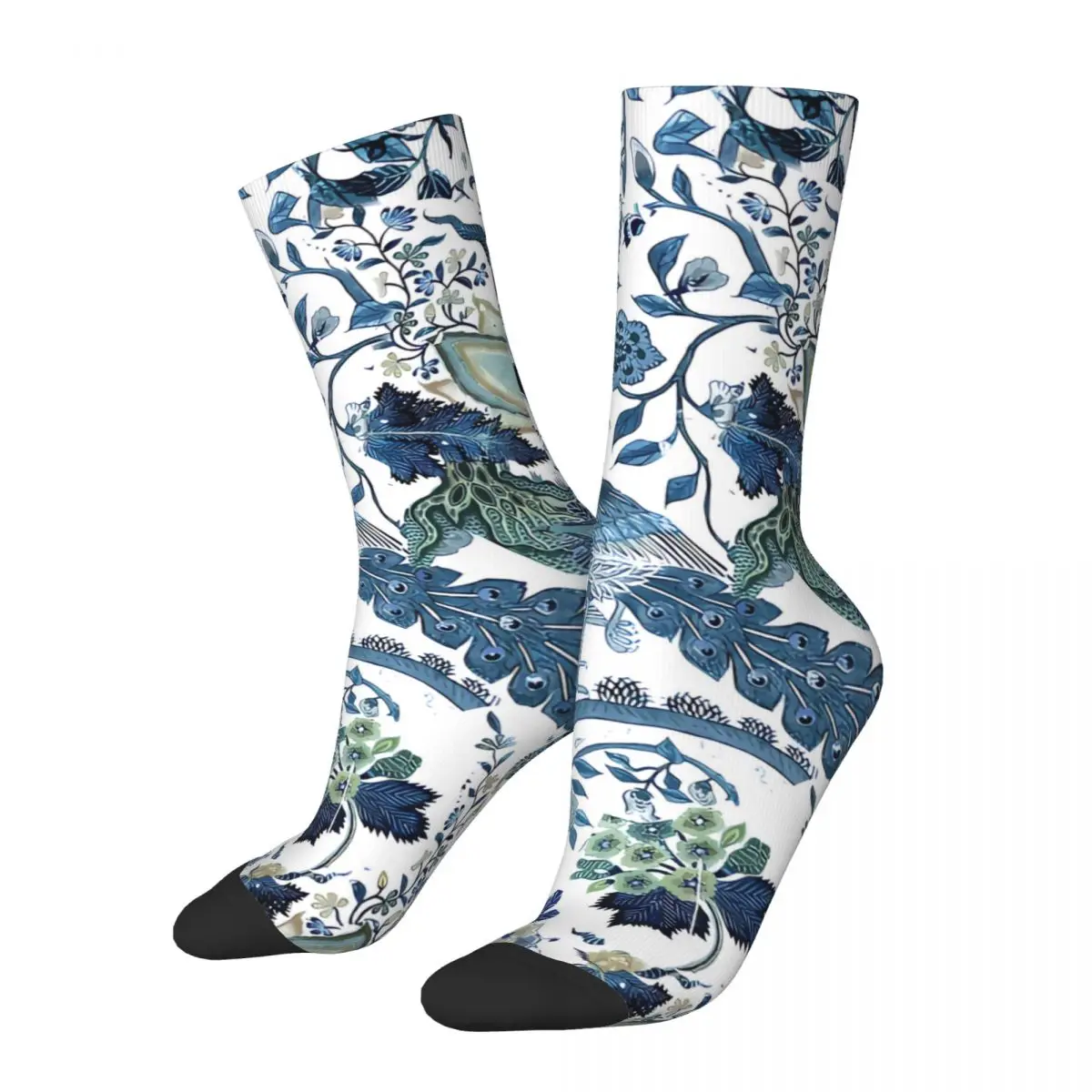 

Chinoiserie Blue Chintz Blues Greens Birds And Florals Crazy Men's Socks Unisex Paisley Style Harajuku Printed Crew Sock