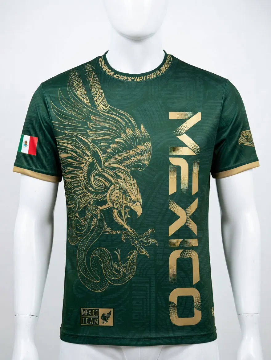 Mexiko Gold Eagle Fußballtrikot, Shirt, Enganliegendes Casual-Design mit Langen Ärmeln, Allover-Print für Alle Jahreszeiten