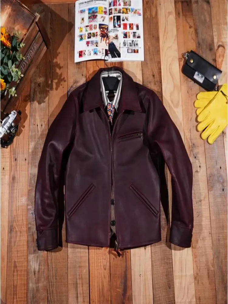 YR!Free shipping.1.6mm thick Super heavy Wax dyed horseskin jacket.Rider's classic leather coat.Men 1930 style cloth