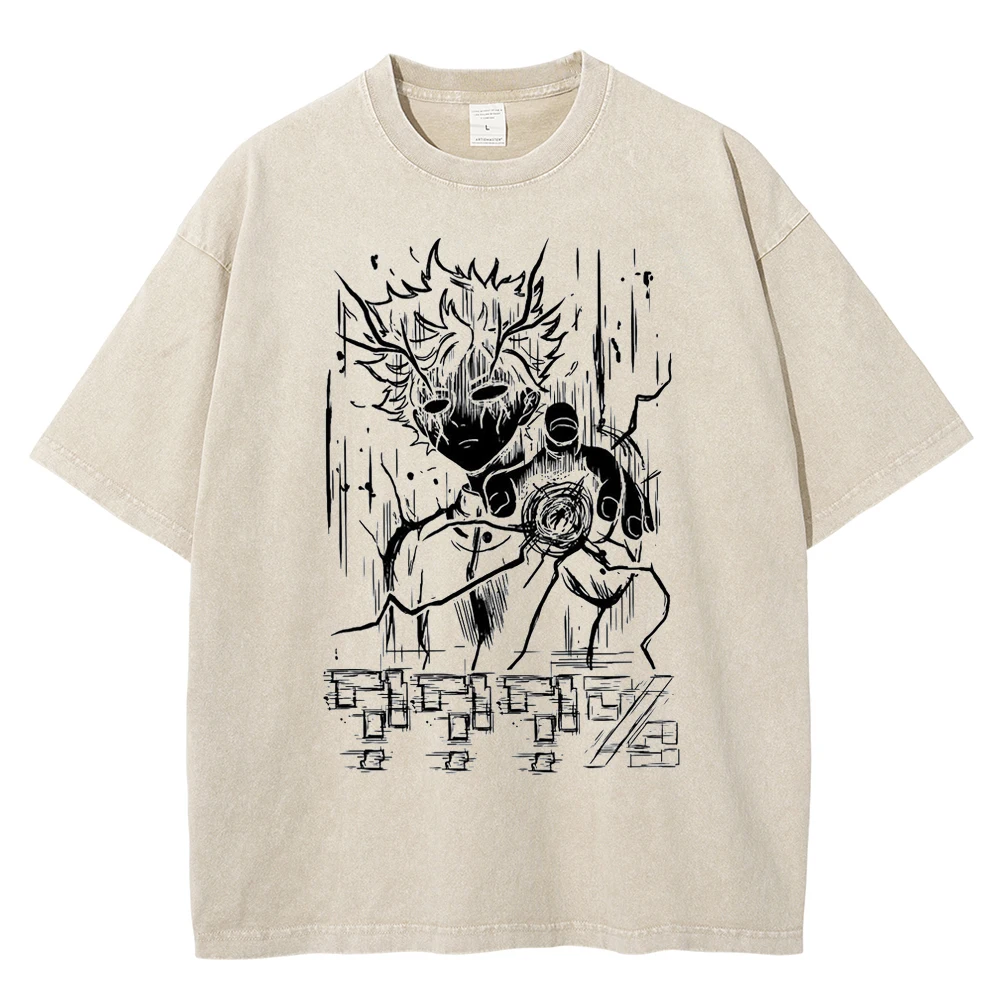 Men Streetwear Vintage Washed Apricot T-shirt Anime Print T shirt Unisex Harajuku Summer Cotton Casual Oversized Tops Tees