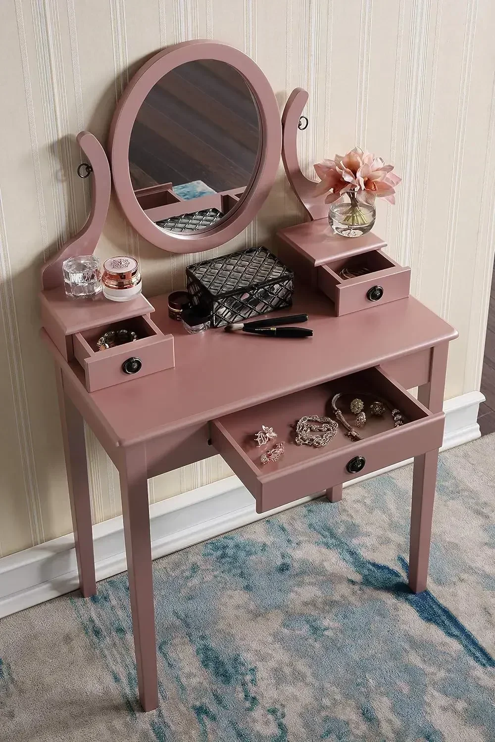 Makeup Vanity Table and Stool Set, Rose Gold, Exquisite and beautiful  dressing table for bedroom use