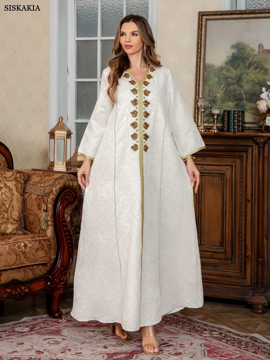 

Siskakia Dubai Elegant Embroidery Abaya Muslim V-Neck Tape Trim Kaftan Dresses For Women Gala