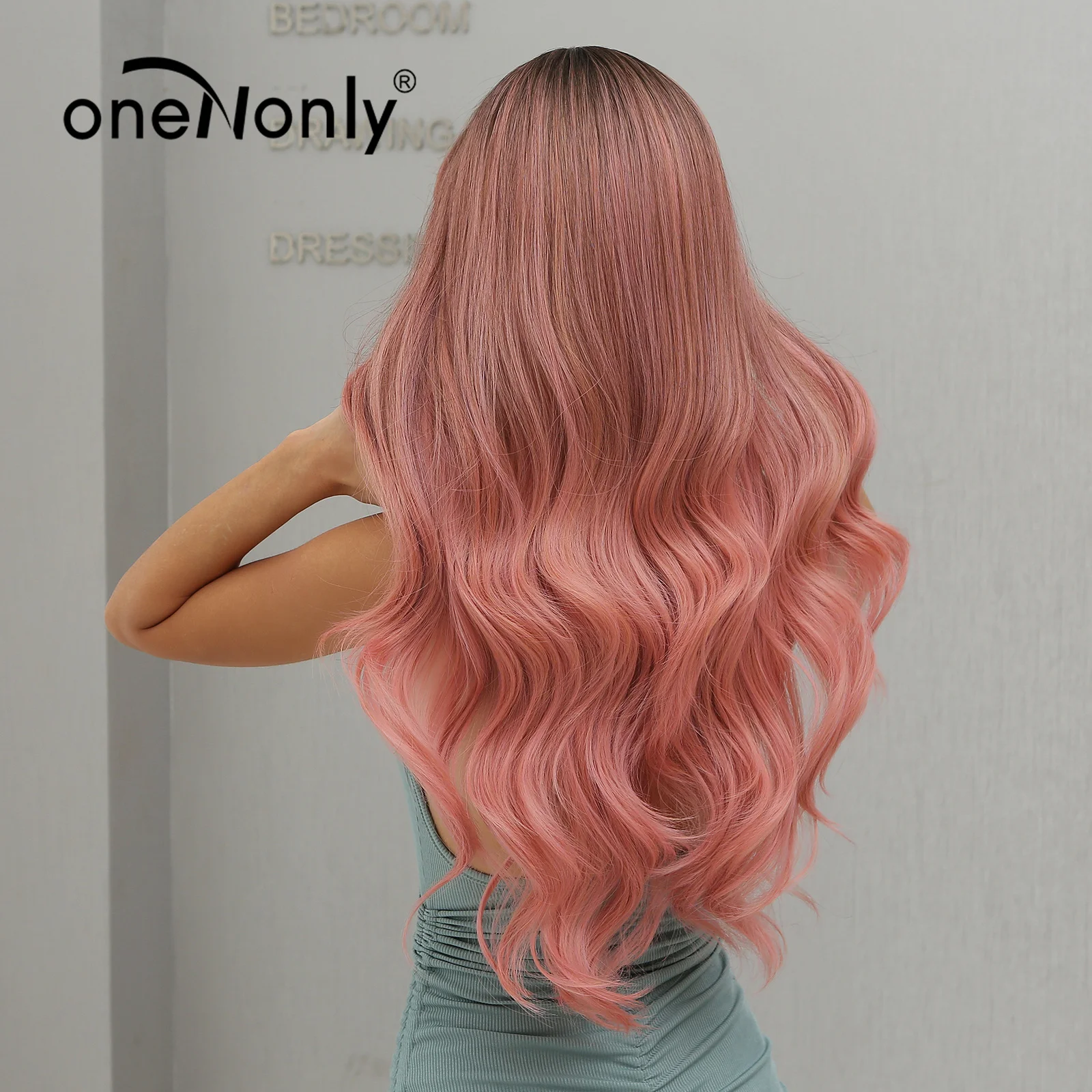 oneNonly Long Body Wave Ombre Brown Pink Synthetic Wigs with Bangs Natural Wave for Women Cosplay Natural Wig Heat Resistant