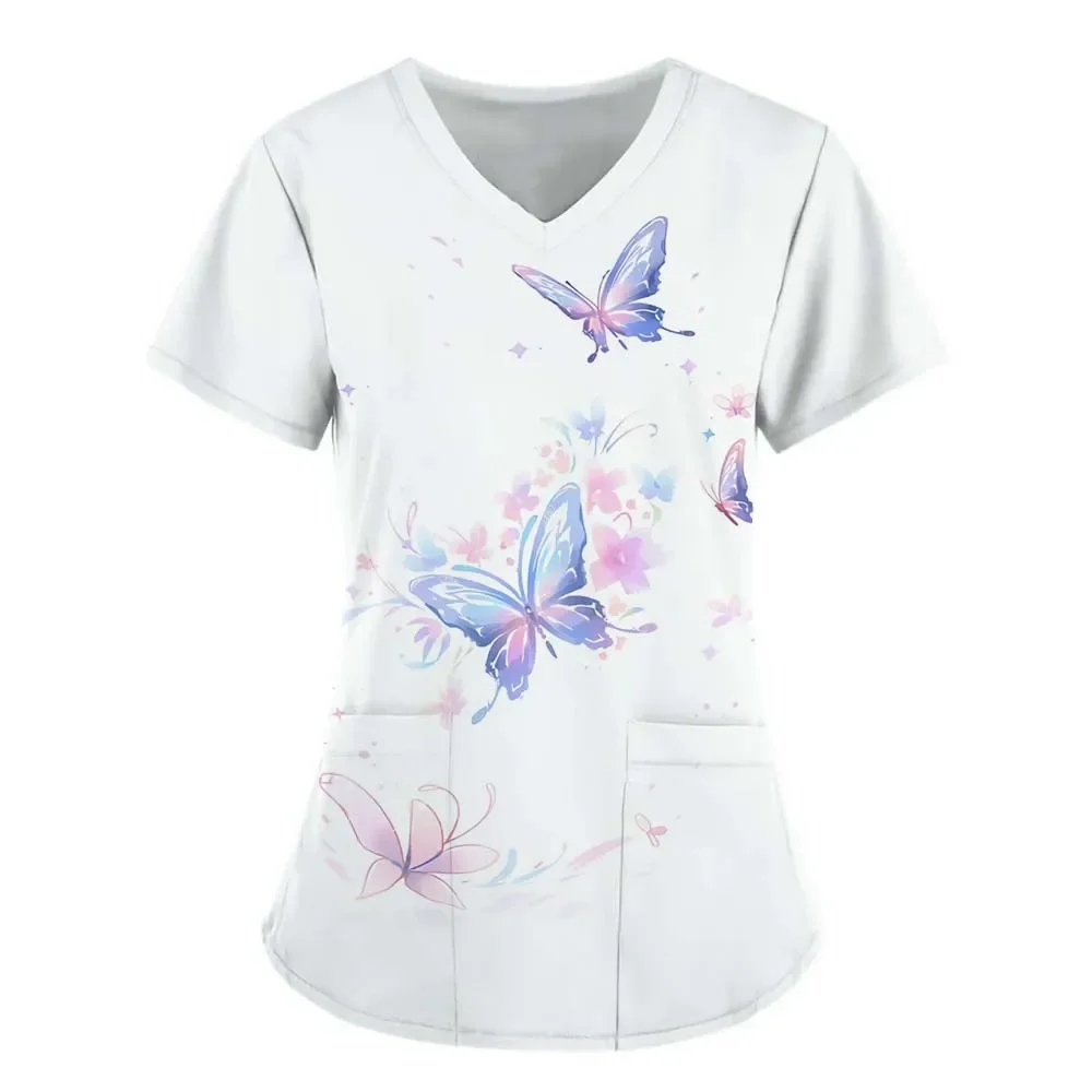 Surgical Uniform Woman 3d Butterfly Element Print V-Neck Nursing Pocket Veterinarian Workwear Medical Nurse Uniform for Women