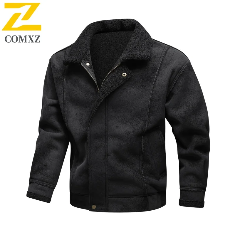 

2025 New Men's Jacket Solid Color Trendy Versatile Zipper Cardigan Suede Collar Jacket Outdoor Casual Motorcycle Coat Men's Wear