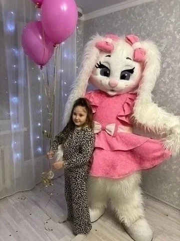 

Pink Dress with Long Haired White Rabbit Mascot Costume Anime Cosplay Christmas Halloween Birthday Party Performance