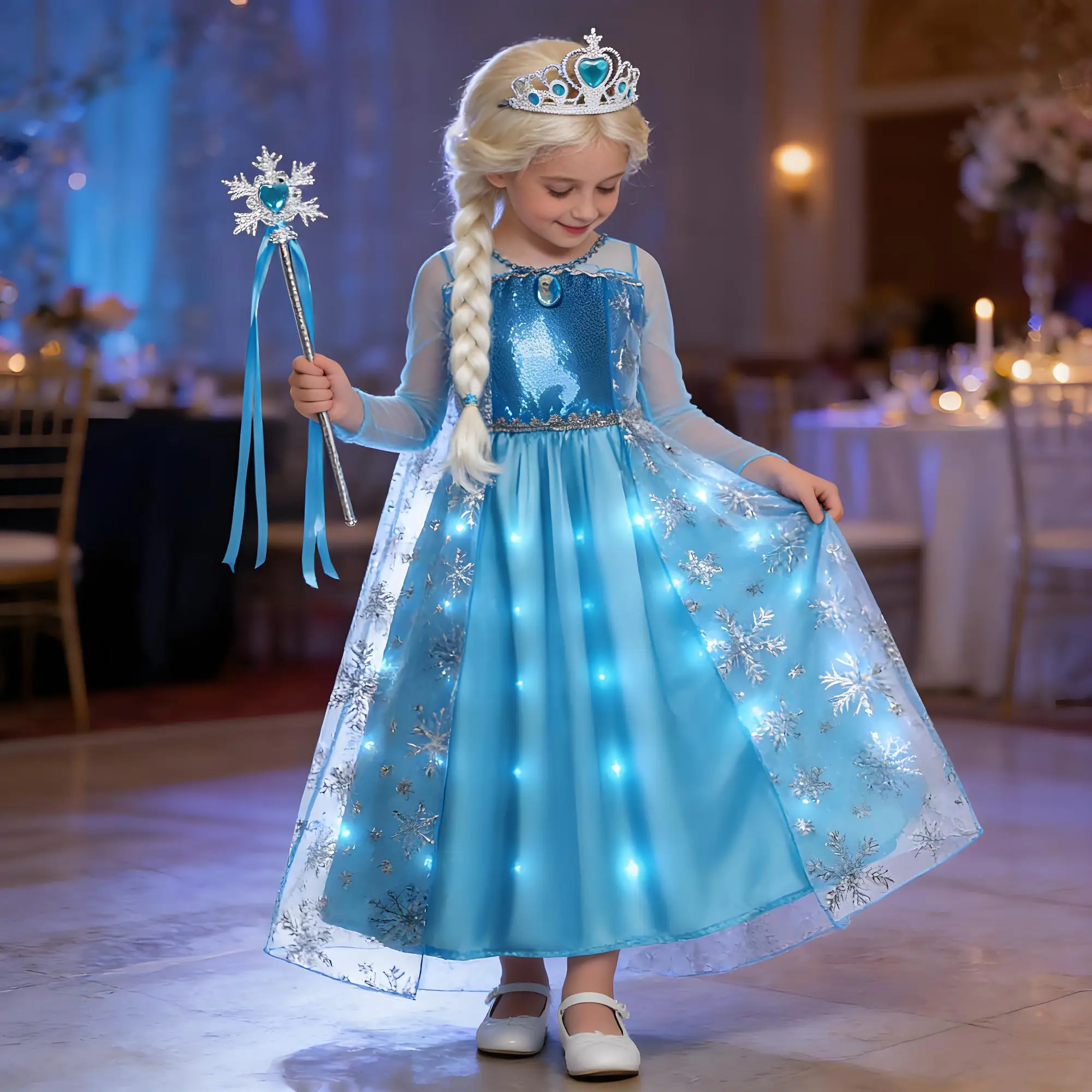  2025 Girls Elsa Princess Dresses Long Sleeve Kids Cosplay Costumes Fancy Carnival Dress Up Birthday Prom Party Gown for 2-10T