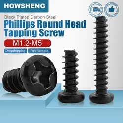 HOWSHENG Phillips Round Head Self-tapping Screw M1.2 M4 M5 Black Plated Cross Pan Head Tapping Screw Flat Tail for Woodworking