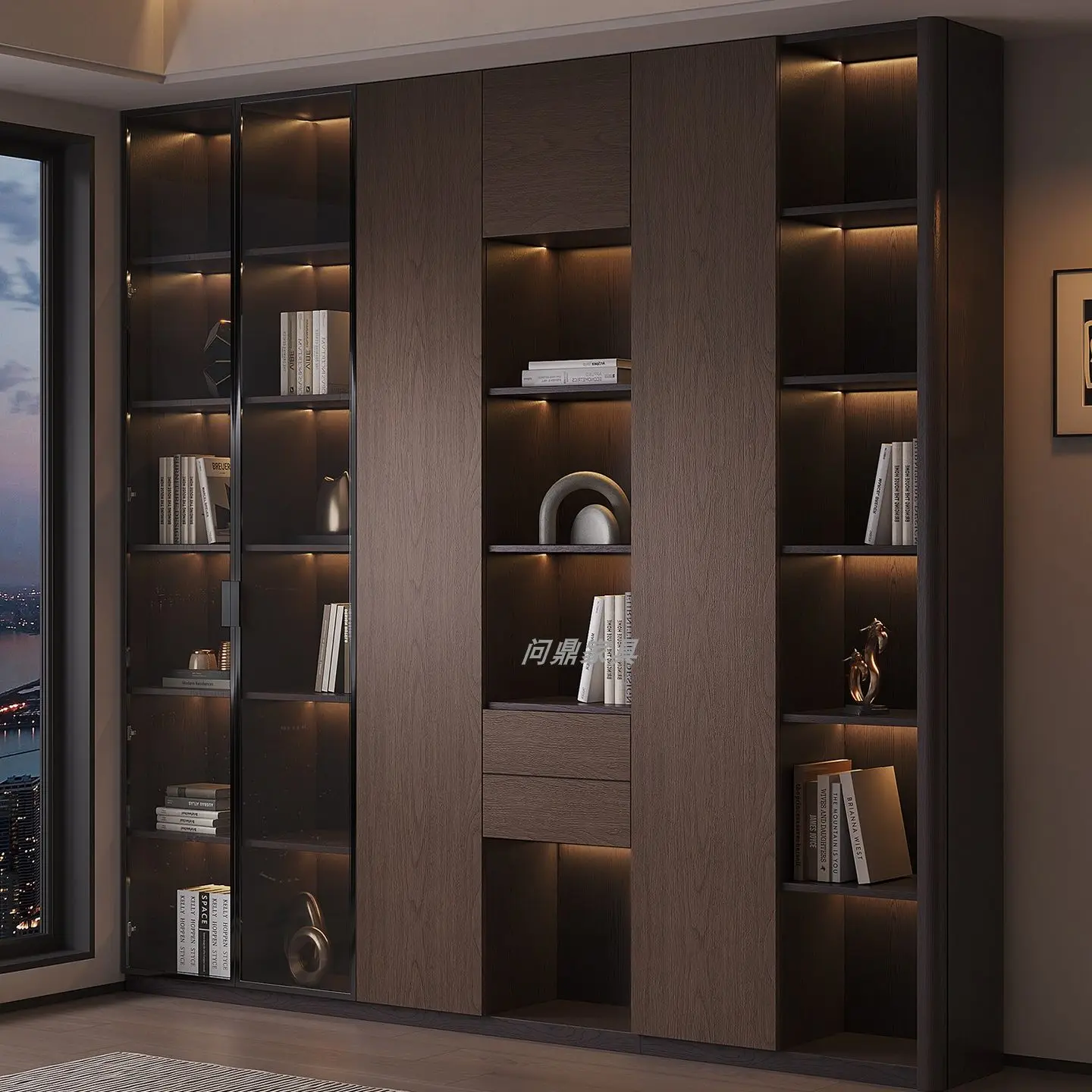 Solid wood Italian minimalist arc anti-collision bookcase against the wall living room office modern minimalist light luxury dis