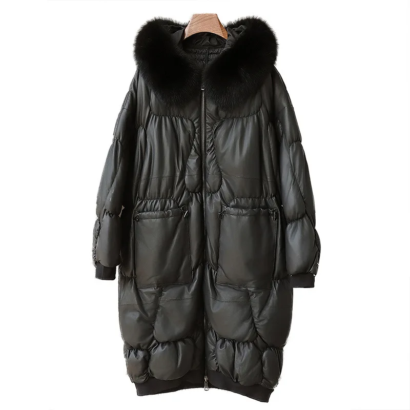 

Новинка весны 2025 года, куртка на гусином пуху из натуральной кожи с воротником из лисьего меха, двустороннее пуховое пальто с капюшоном для женщин
