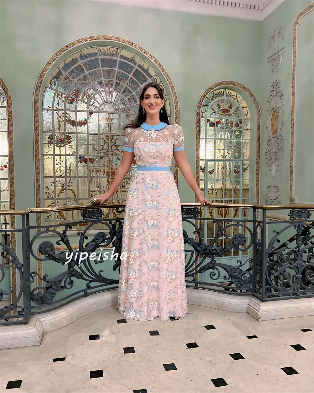 Robe Longue en Dentelle à Fleurs pour Femme, Vêtement à Col Haut, Coupe Trapèze, sur Mesure, pour Occasions