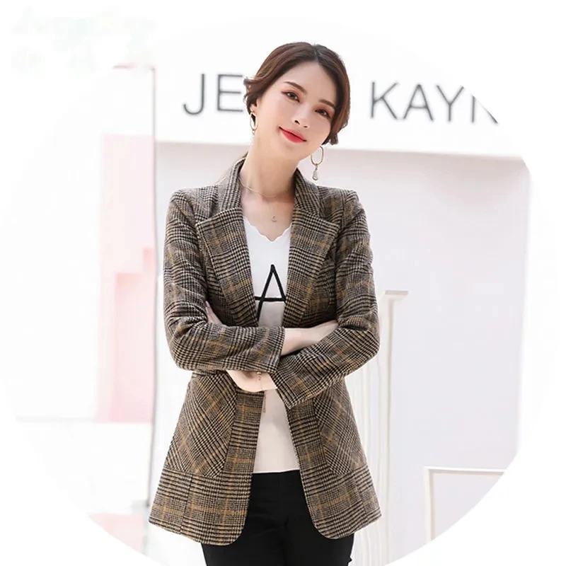 Autumn Winter Vintage Women Plaid Suit Woolen Jacket Ladies Slim Casual Wool Blazer Single Breasted Coat 2023 Oversized Women