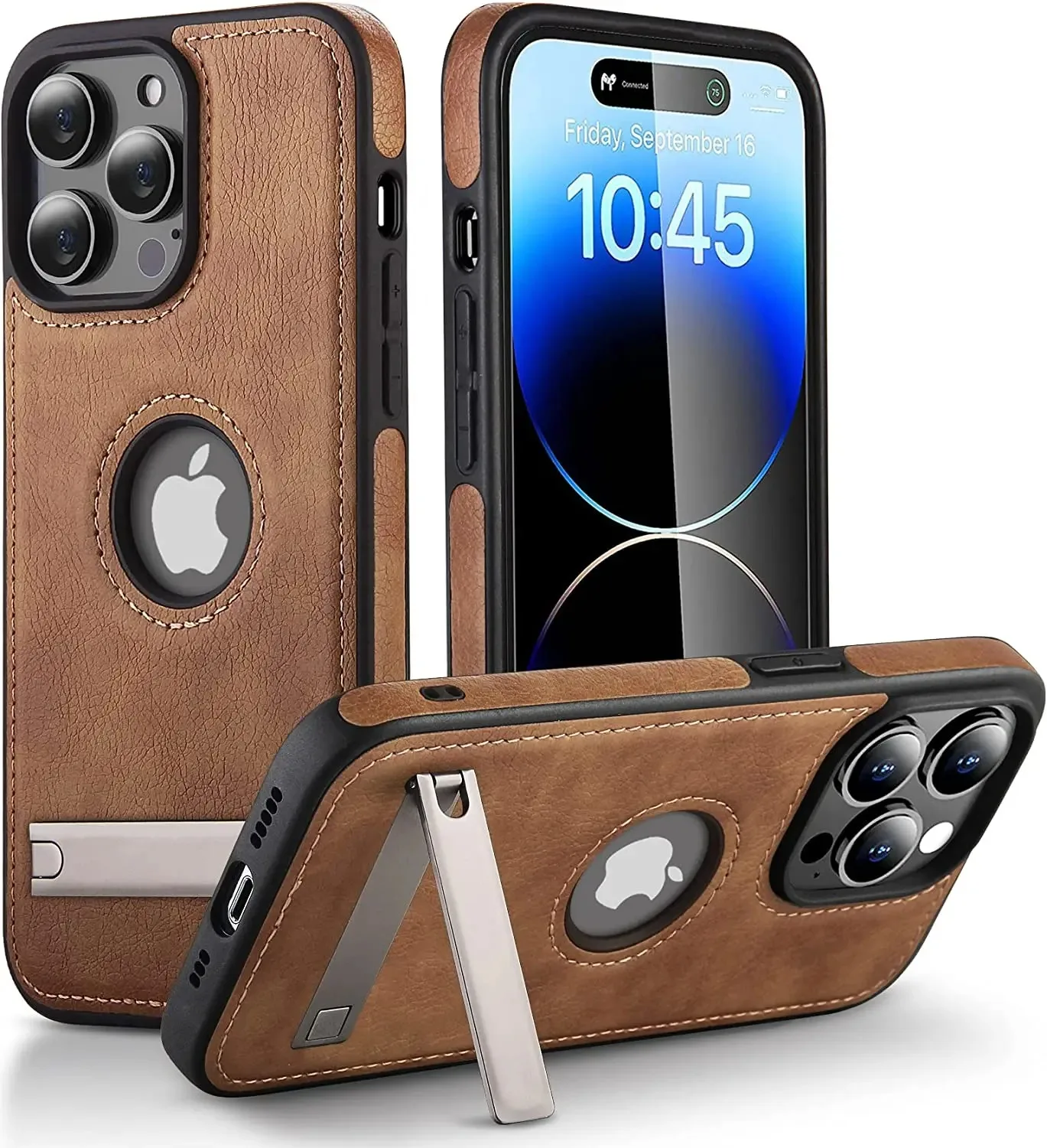 Luxury PU Leather Phone Case with Kickstand for iPhone 15 Pro Max 14 Plus 13 12 11 Mini Soft Grip Luxury Back Cover with Stand