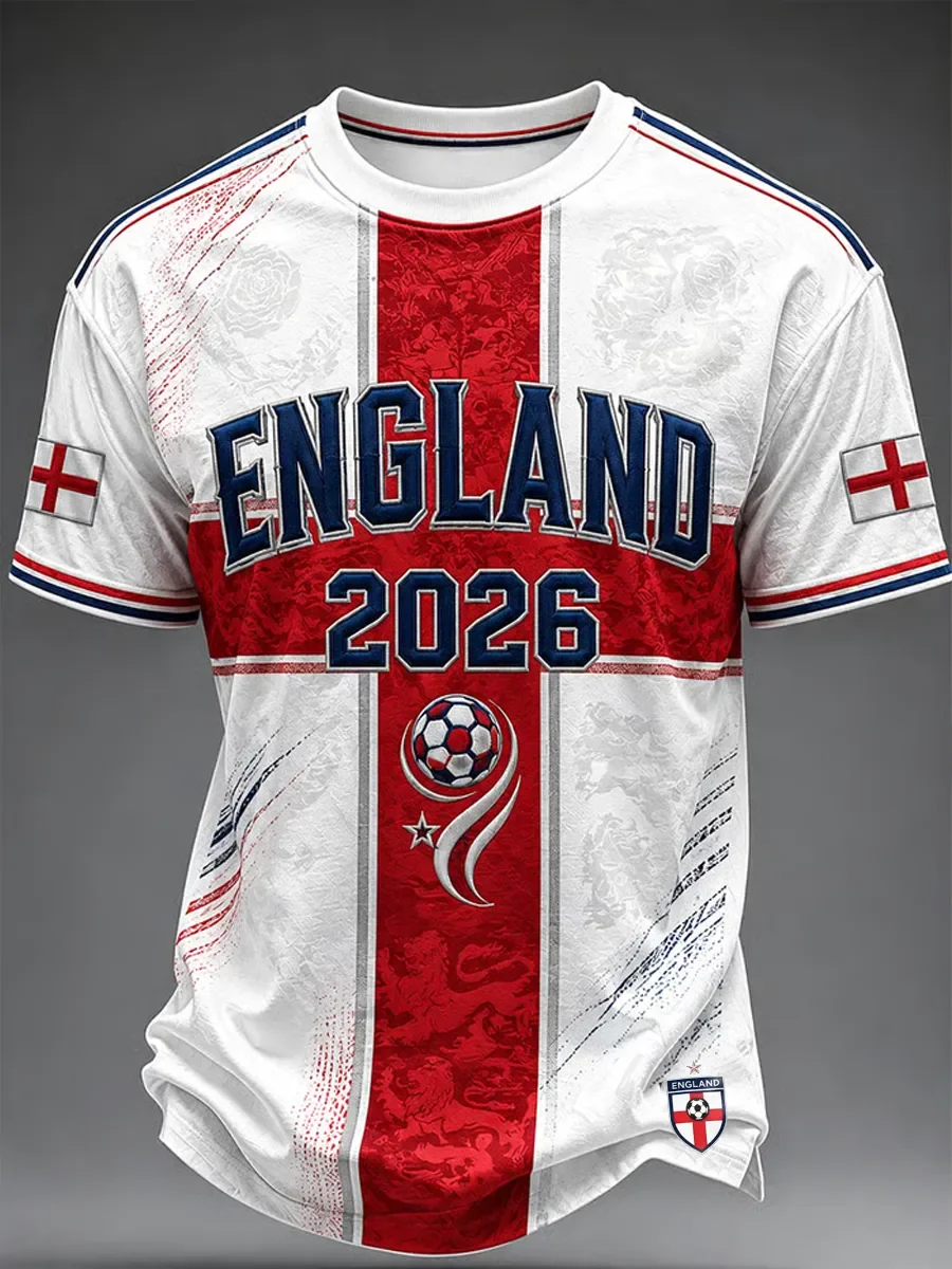 Unisex England Soccer Jersey White Red Vertical Crew Neck Splash Floral Cross Print 2026 Ball Star Decor Fan Football Shirt