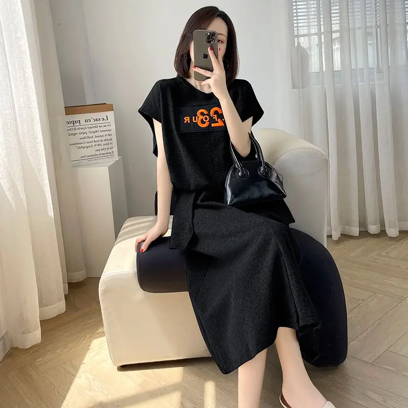 Solid Color Comfortable Casual Two Piece Set Summer Straight Loose Women\'s Clothing Ladies Sleeveless Pullovers A-line Skirt