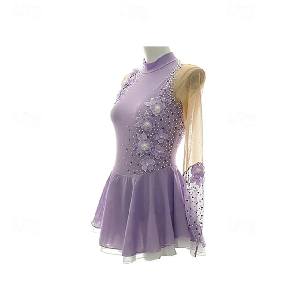 Figure Skating Dress Girls' Stretchy Training Practice Professional Skating Crystal / Rhinestone Long Sleeve