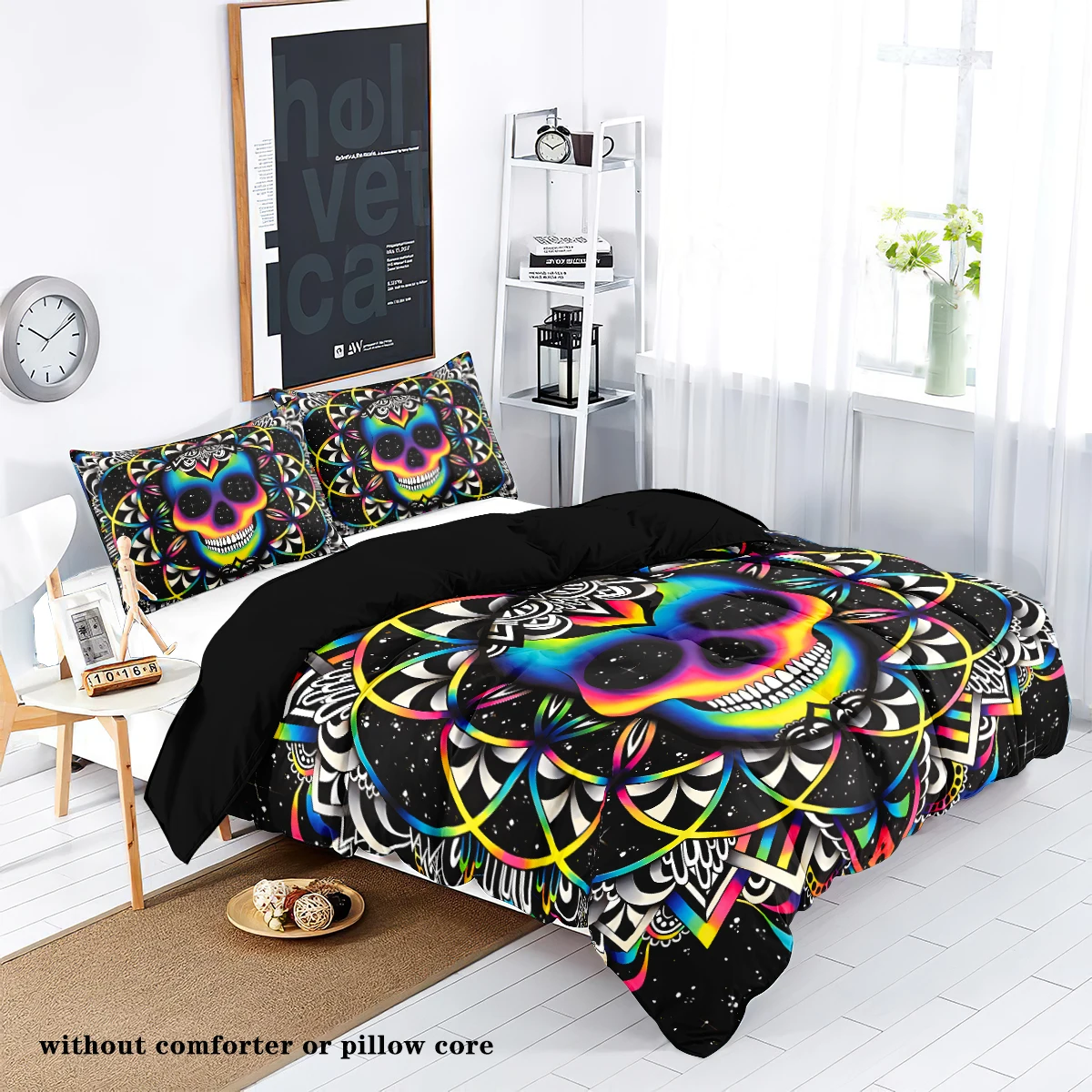 3-piece down duvet cover set with skull flower pattern print (1 duvet cover+2 pillowcases, no core) Halloween themed bedding set