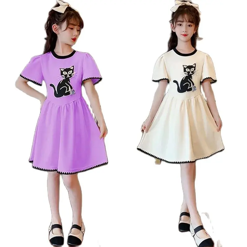 

Girls Summer Dress Cute Cartoon Cats Embroidery O-neck Little Princess Clothes 4-14Y Kids Party A-line Fashion Boutique Dresses