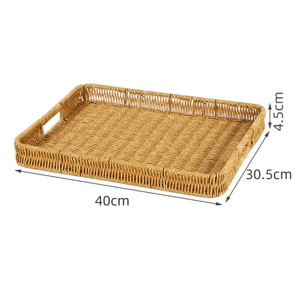Storage Basket Tray Braided Faux Rattan Storage Basket with Handle Hollow Drainage Picnic Tray Rectangle Fruit Snacks Bread