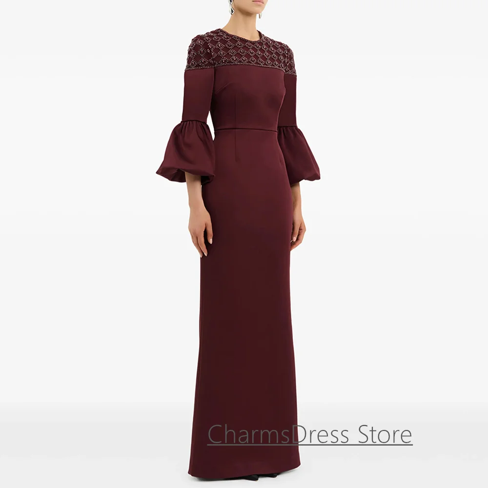 فستان سهرة عنابي مخصص موضة رقبة مستديرة 3/4 أكمام مطرز بالكريستال طول الأرض فستان حفلات المملكة العربية السعودية #3