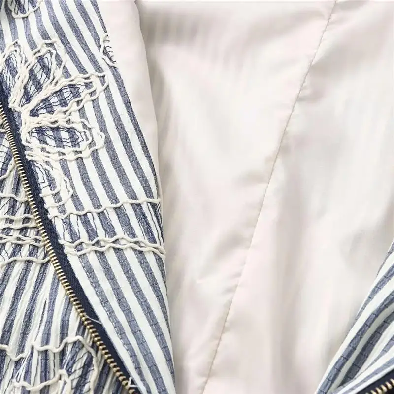 Women's Long Sve round Ne Jaet Stripe Embroidery Outerwear Spring Autumn Faion Casual Sli Thin PU Material