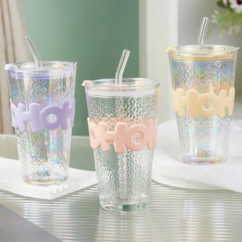 

New Colorful Transparent Glass Cup High Aesthetic Value Large Capacity Coffee Cup Letter Design Straw Cup Office Use