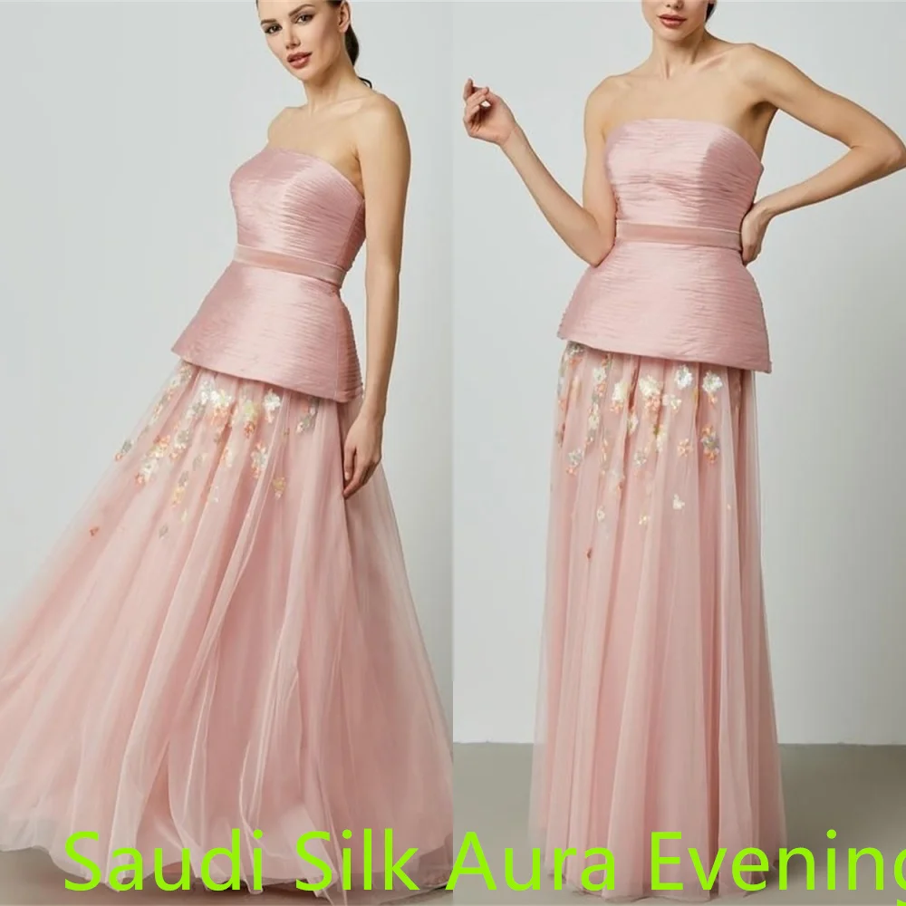 فستان جيرسي وردي مخصص لحفلات العودة للوطن أنيق بدون حمالات وحزام (زنانير) متدرج مزين بسحاب خلفي مخصص للحفلات D #3