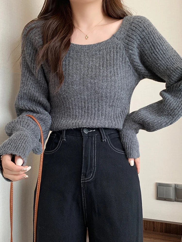 Herbst Winter Lose Frauen Pullover Casual Weiche Lange Puff Sleeve Pullover Jumper Strickwaren Grundlegende Pullover Für Frauen Tops – Detail 13