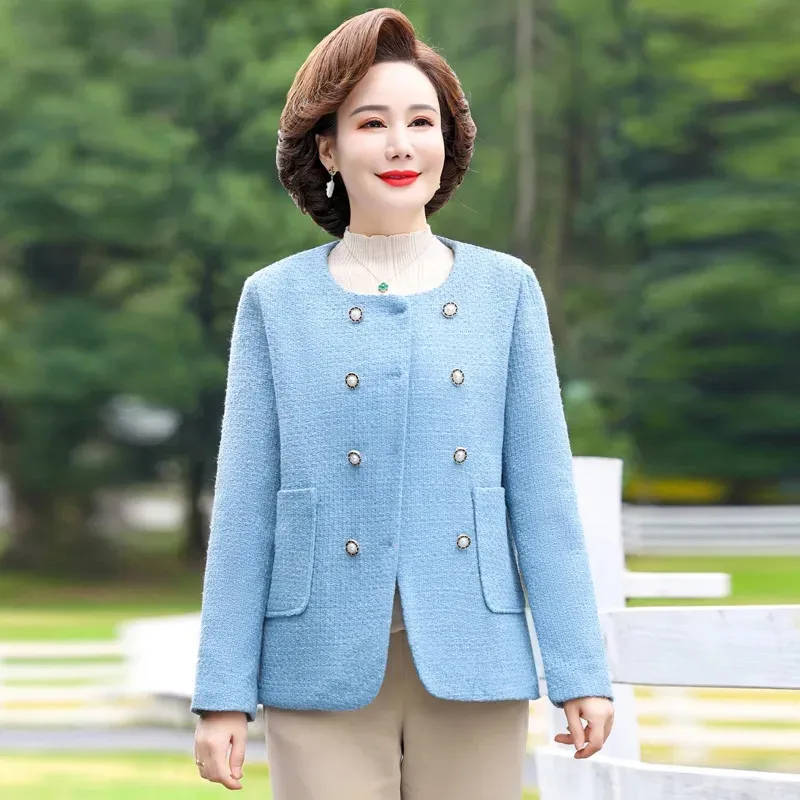 

High End Spring Autumn Fashion Coat Middle-Aged And Elderly Women Jacket Tops Round Neck Double Breasted Suit Jacket 5XL