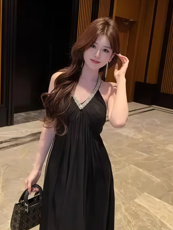 E Vestido Largo con Escote en V y Pedrería, Estilo Veraniego de Lujo para Mujer, Estilo Vacacional, Cintura Alta, Sin ...