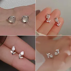 Korean Shiny Zircon Tulips Stud Earrings for Women Flower Earring Romantic Sweet Teens Party Jewelry Accessories Holiday Gift
