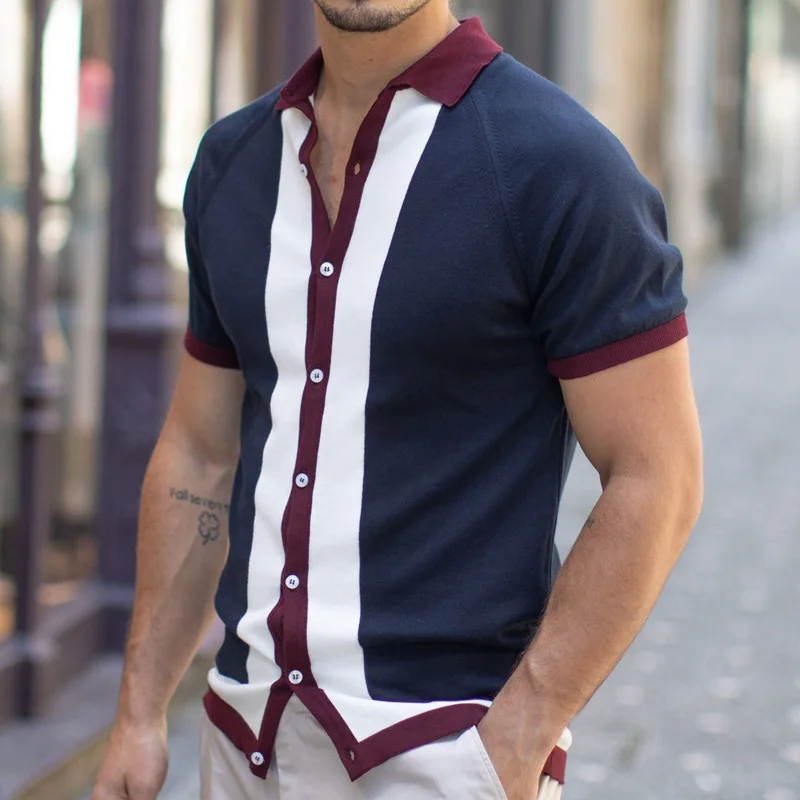 Plus Size Men's Clothing_Single-Breasted Stitching Contrast Color Sweater_Men's Casual POLO Shirt