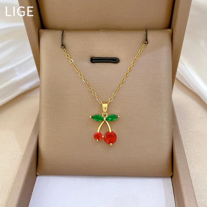 

Luxury Elegant Full Zircon Red Cherry Fruit Pendant Necklace for Women Versatile Titanium Steel Clavicle Chain Necklace