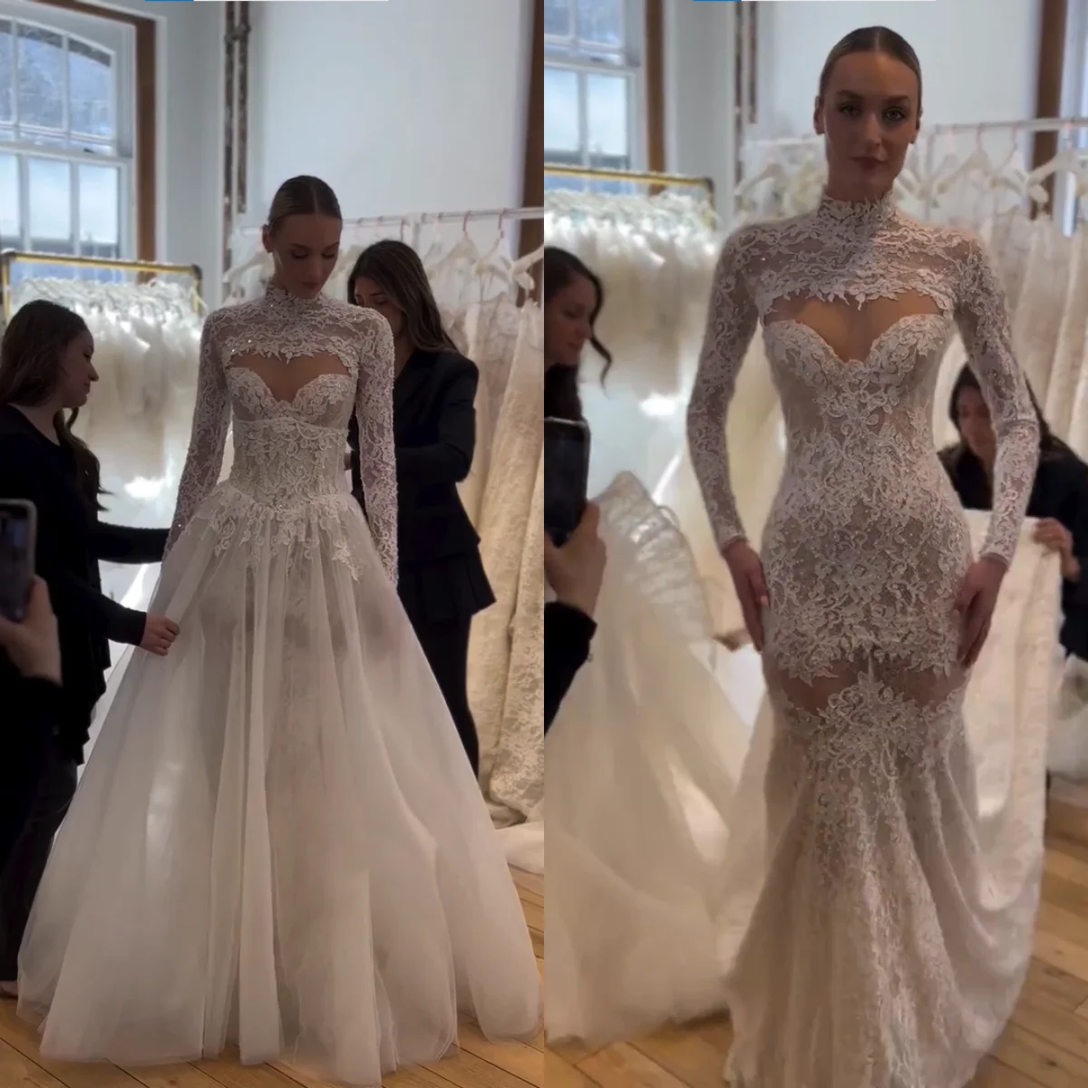 

Custom High Neck Long Sleeve Lace Detachable Mermaid Wedding Dress 2026 Cathedral Train Bridal Gown Plus Size Vestido De Novia