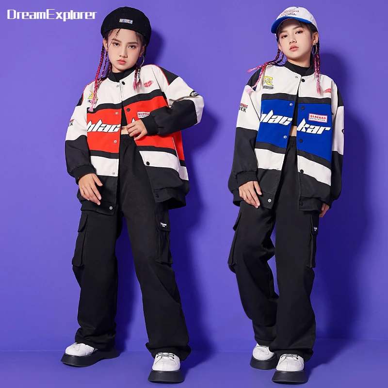 Girls Hip Hop Bomber Letters Jacket Cargo Pants Boys Stage Baseball Coat Child Street Dance Wear Clothes Sets Kids Jazz Costumes