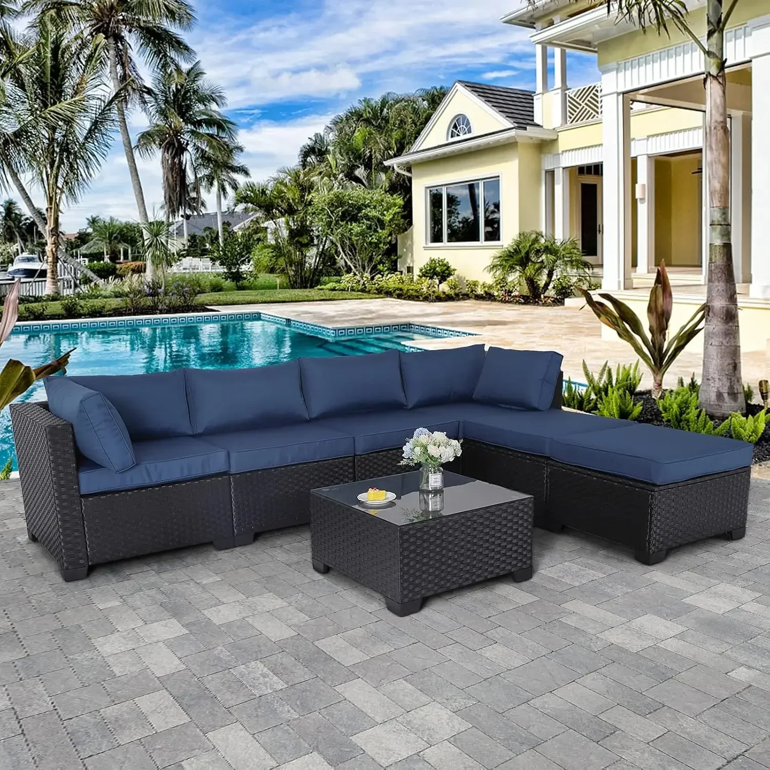 

Outdoor PE Wicker Furniture Set Patio Rattan Sectional Conversation Sofa Set with Navy Blue Cushions and Glass Top Table