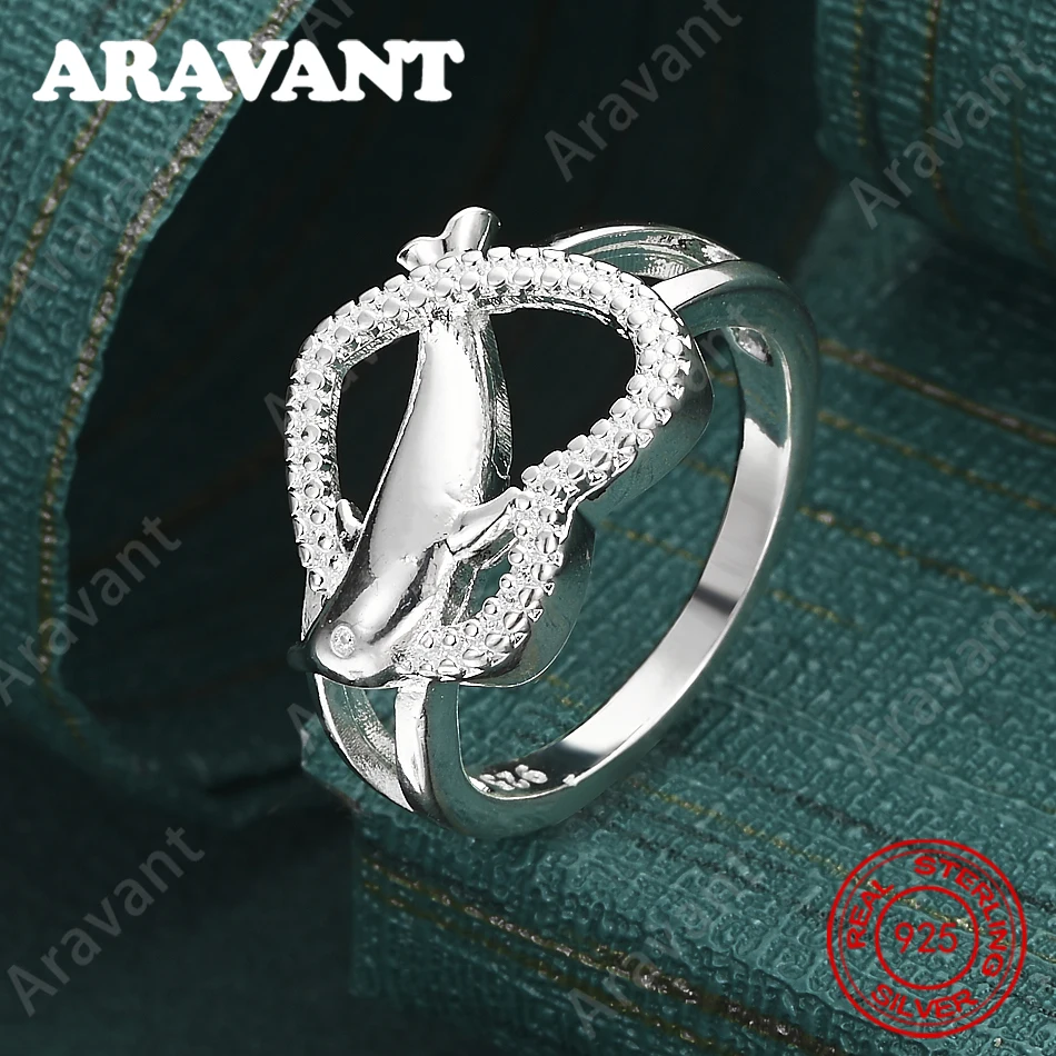 

925 Sterling Silver Heart And Dolphin Cross Ring #7-10 - Exquisite And Cute Wedding Party Jewelry For Women