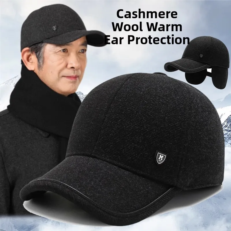 Thickened Woolen Baseball Cap for Middle-aged And Elderly Men Winter Fleece Lined Hat Wide Brim round Top Style Men's Cap