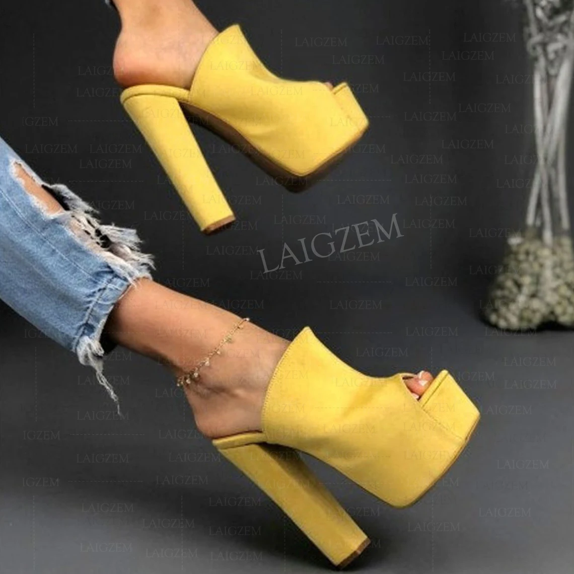 SEIIHEM Women Platform Pumps Peep Toe Chunky Heeled Slides Mules Faux Suede Height Increase Shoes Woman Big Size 41 43 45 50 52