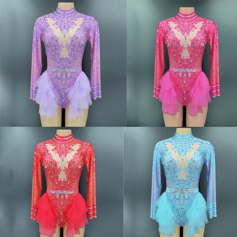 Sparkly Rhinestones Lace Bodysuit Women Long Sleeved Pole Dance Gogo Outfit Jazz Dance Costume Stage Performance Wear