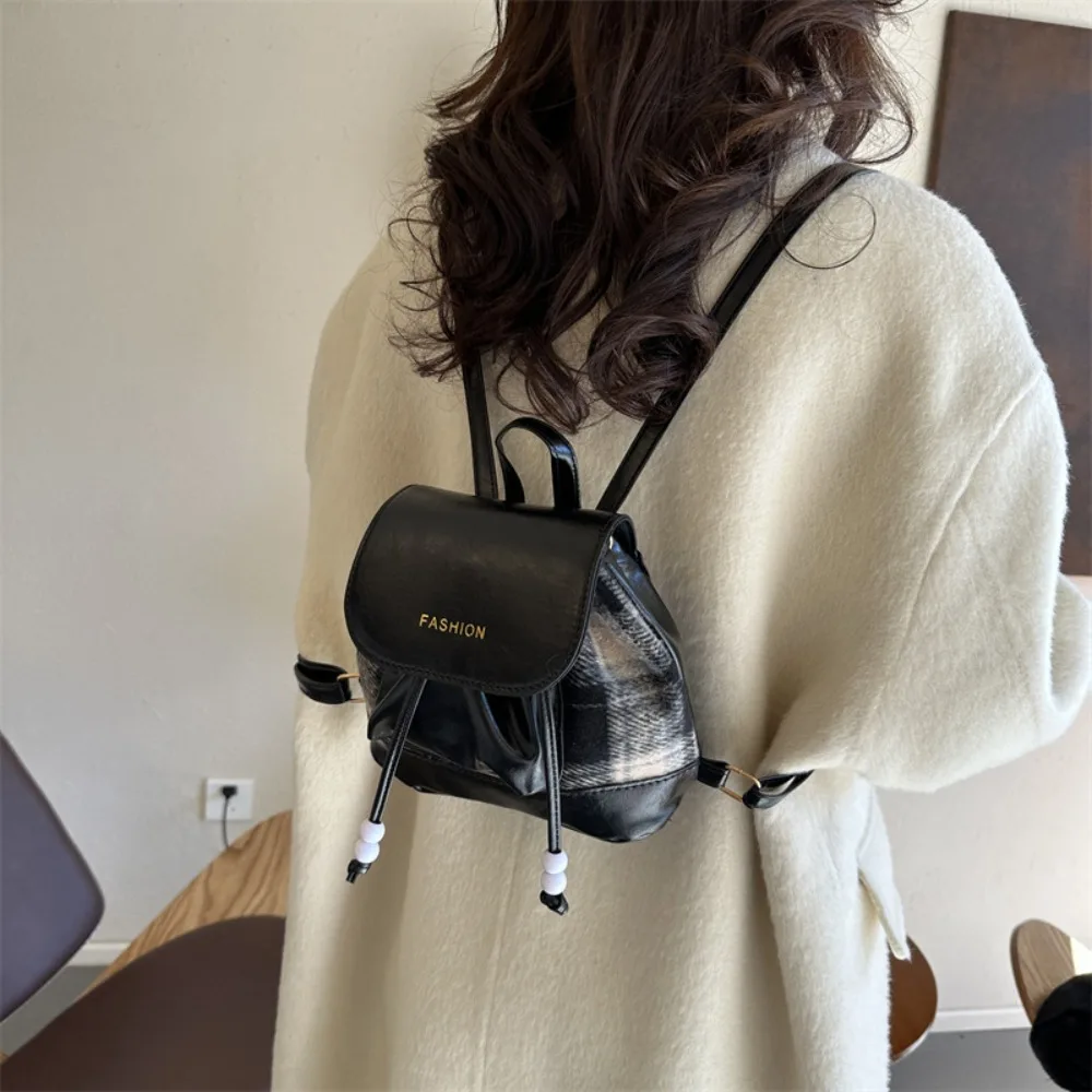 Brand Designer PU Leather and Wool Patchwork Women\'s backpack Casual Drawstring Beading Bucket School Bag Travel Bag