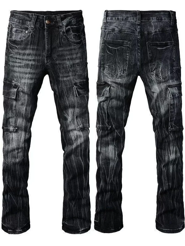 

Мужские джинсы Slim Fit в американском стиле с эффектом потертости, с множеством карманов, с волнообразным узором, винтажные, повседневные, длинные брюки из денима