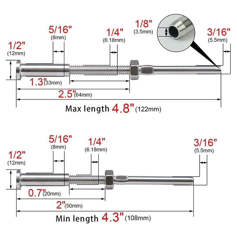 20Pcs Invisible Turnbuckle Hand Swage Threaded Stud Tension Hex End Fitting Receiver Terminal for 1/8 inch Cable Railing