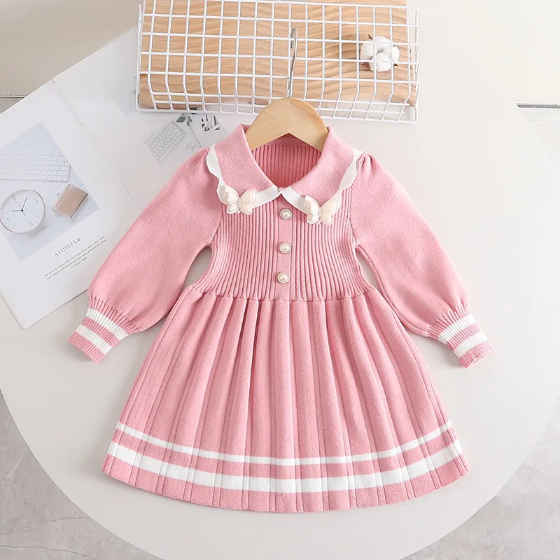 Girl Knitted Dress Bow Pearl Sweater Spring Cute Stripe Children Clothing Long Sleeve Princess Dresses Fashion Baby Girl Clothes