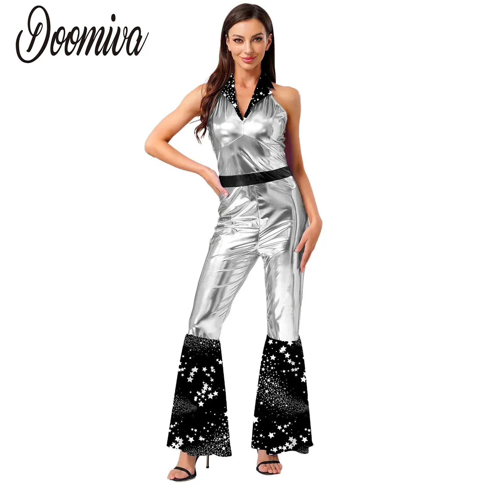 

Women Retro 70s Disco Jumpsuit Halter Sleeveless Print Patchwork Metallic Flared Leotard Costume for Halloween Party Masquerade