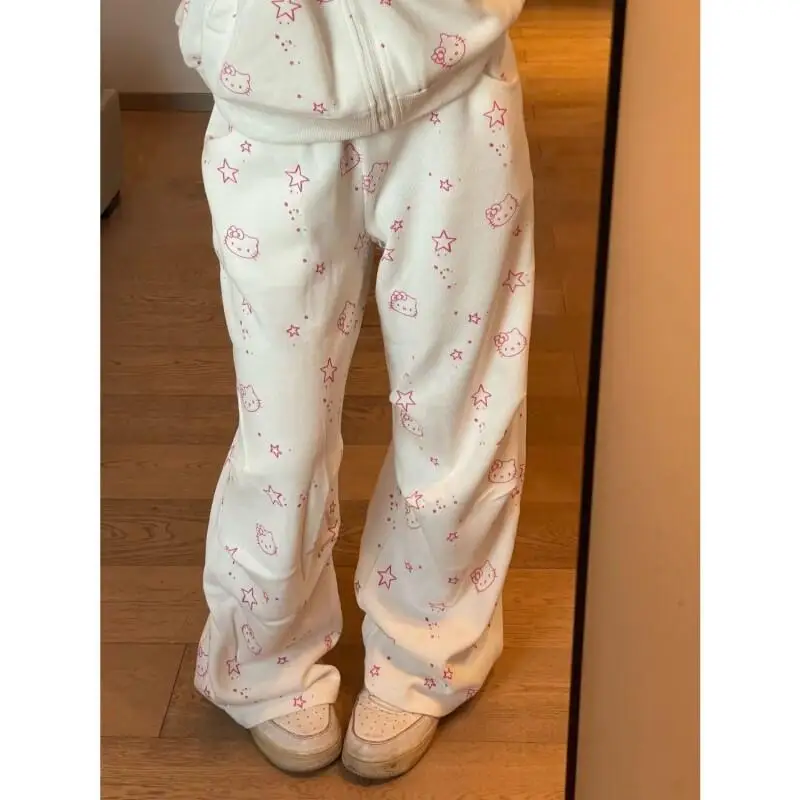 

Женские широкие брюки Sanrio Hello Kitty из хлопковой ткани для повседневного ношения, свободного кроя, с принтом «Сладкий ленивый кот», удлиненные, стройнящие