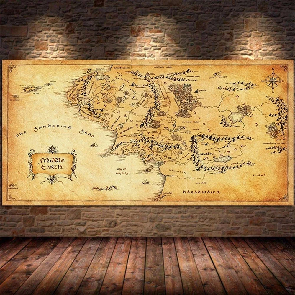 Vintage Style Movie Map of Middle Earth Canvas Paintings Posters and Prints Wall Art Pictures for Living Room Bedroom Cuadros