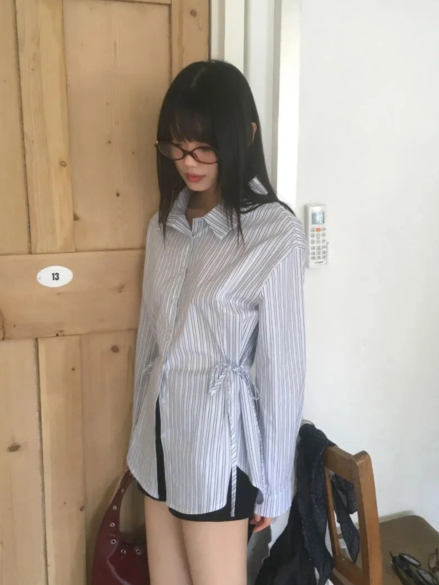 Csa a Rayas de Corte Ajustado para Mujer, Estilo Casual, Lazada Lateral, Cintura Ajustada, Manga Larga, Top Moderno, Noved...