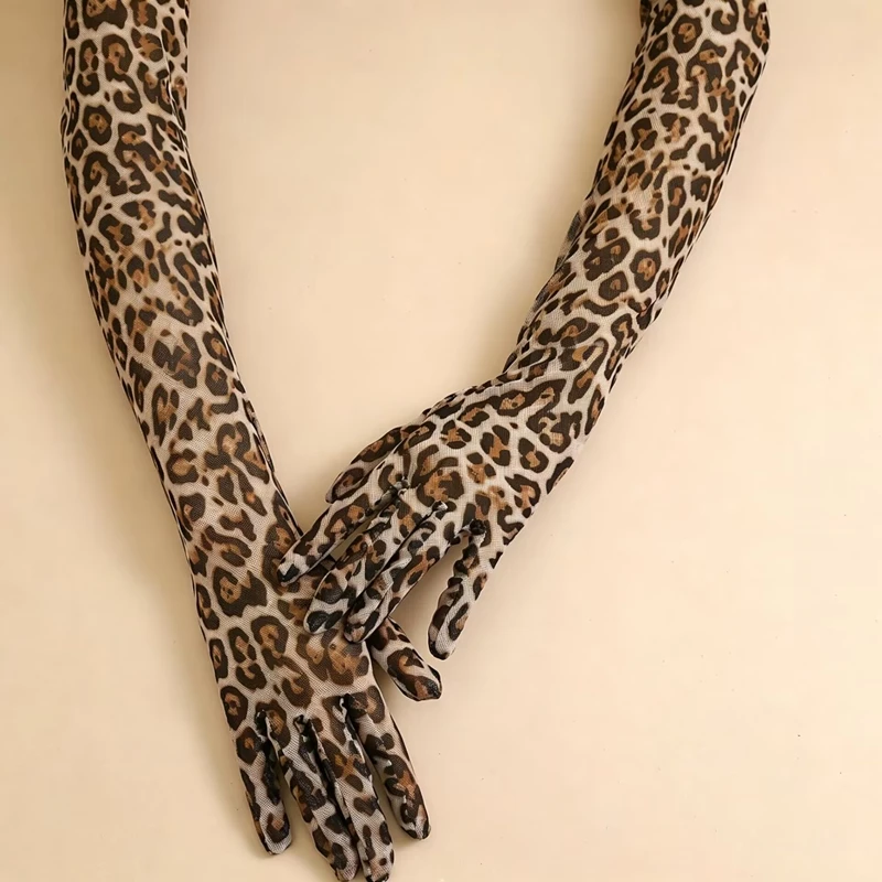 Sexy Leopard Sheer Mesh Long Gloves Trendy Fashion Decorative Gloves Evening Party Cosplay Stage Performance Fashion Accessories